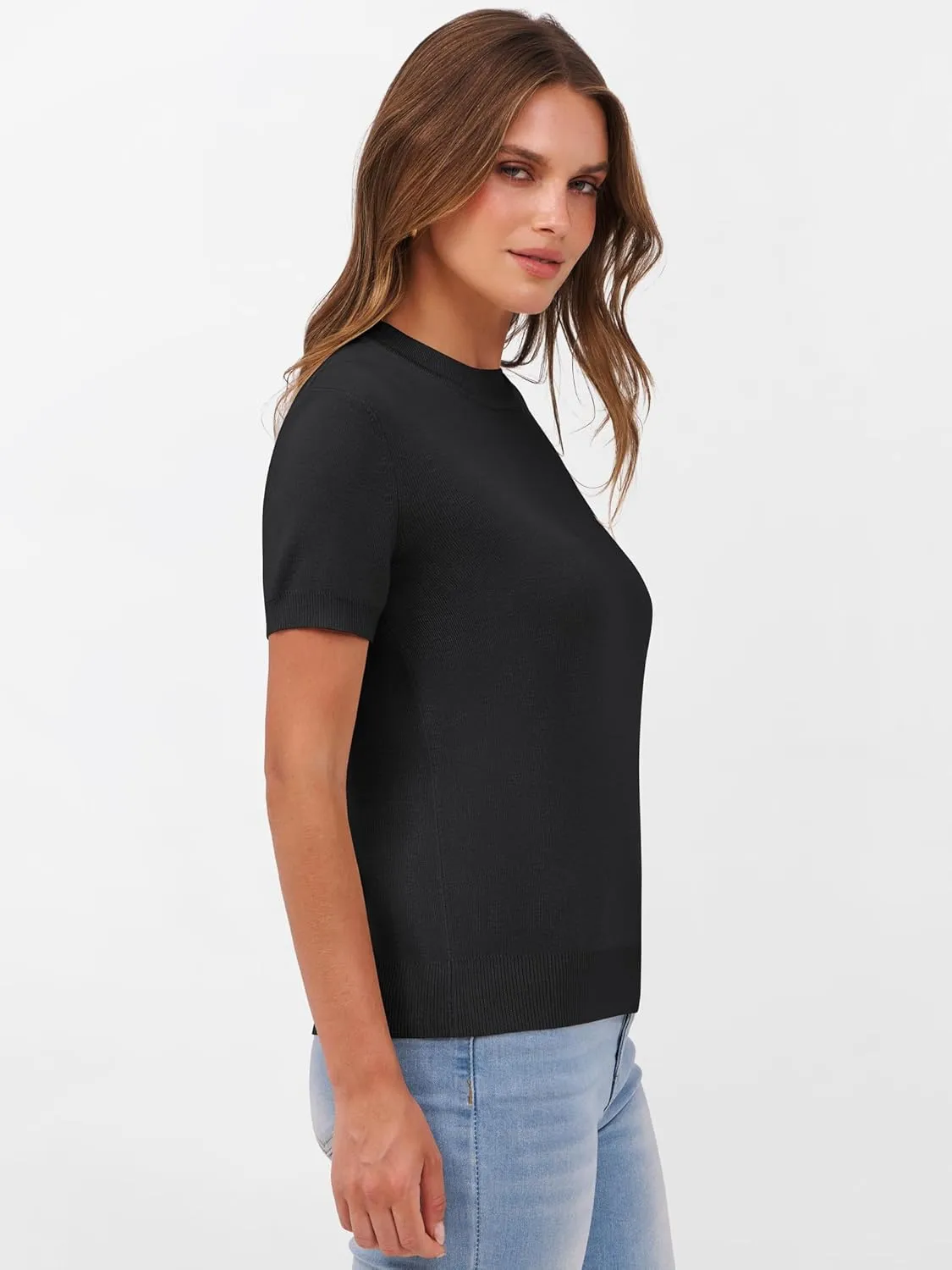 ANRABESS Womens Short Sleeve Sweaters Wool Blend Crew Neck Sweater Shirts Business Casual Work Tops 2025 Summer Outfits