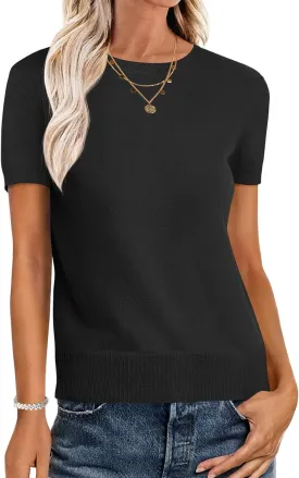 ANRABESS Womens Short Sleeve Sweaters Wool Blend Crew Neck Sweater Shirts Business Casual Work Tops 2025 Summer Outfits