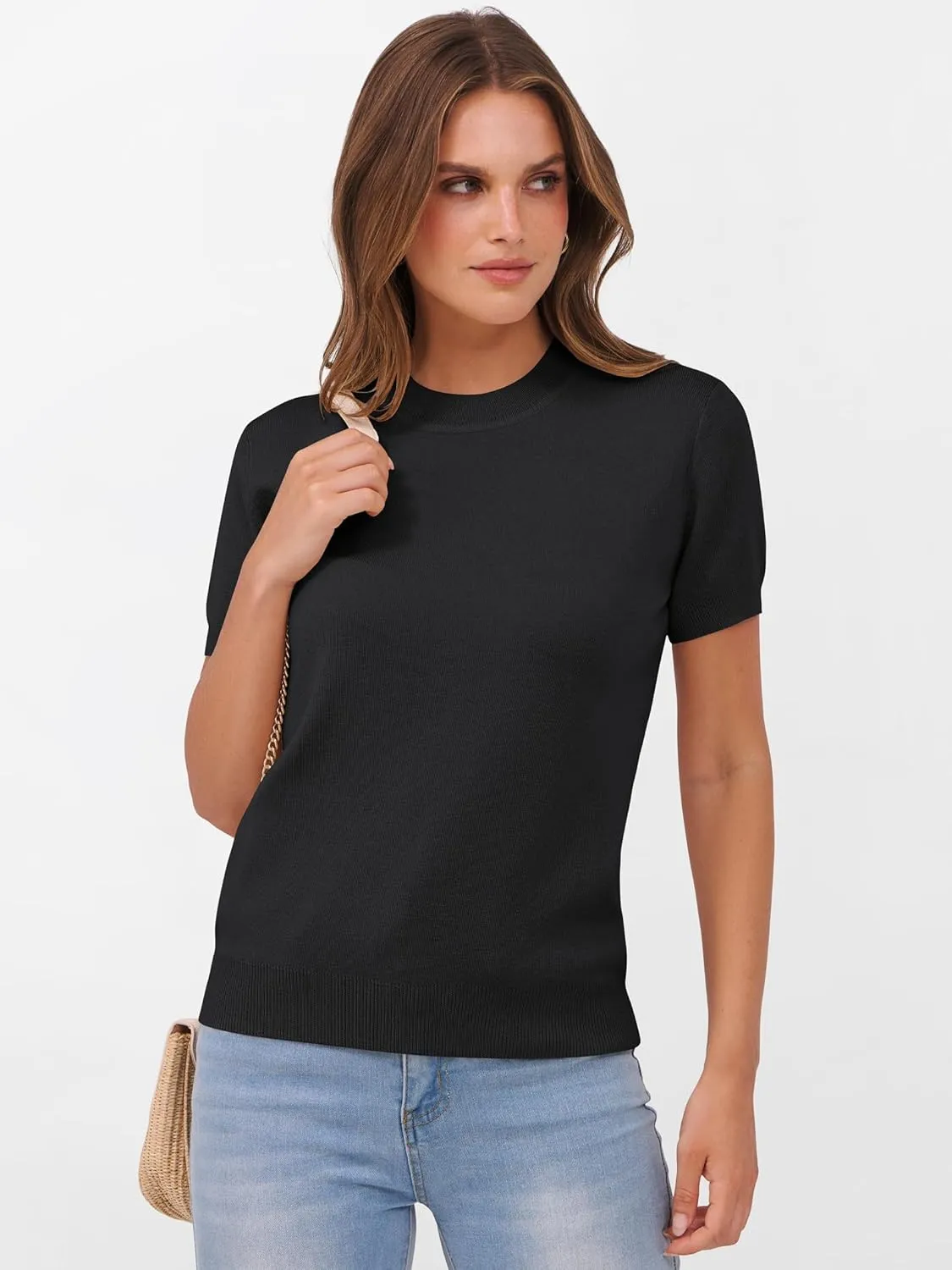 ANRABESS Womens Short Sleeve Sweaters Wool Blend Crew Neck Sweater Shirts Business Casual Work Tops 2025 Summer Outfits