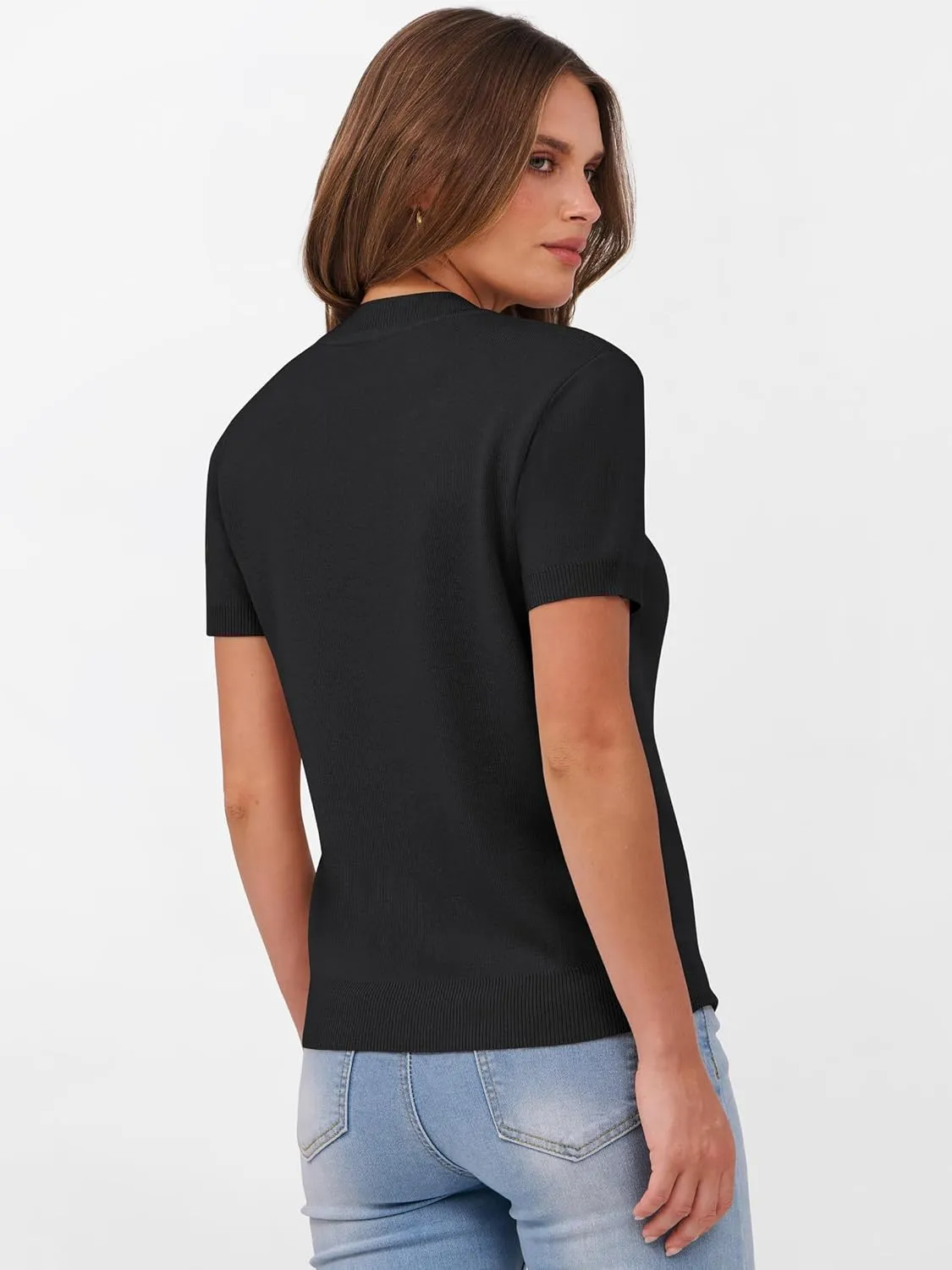 ANRABESS Womens Short Sleeve Sweaters Wool Blend Crew Neck Sweater Shirts Business Casual Work Tops 2025 Summer Outfits