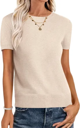 ANRABESS Womens Short Sleeve Sweaters Wool Blend Crew Neck Sweater Shirts Business Casual Work Tops 2025 Summer Outfits