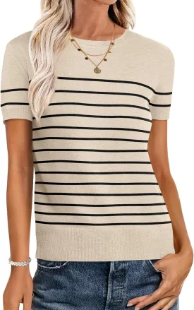 ANRABESS Womens Short Sleeve Sweaters Wool Blend Crew Neck Sweater Shirts Business Casual Work Tops 2025 Summer Outfits