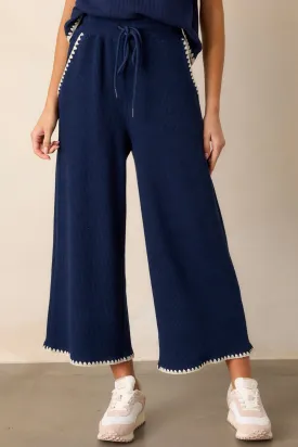 Anytime Now Navy Blanket Stitch Wide Leg Pants