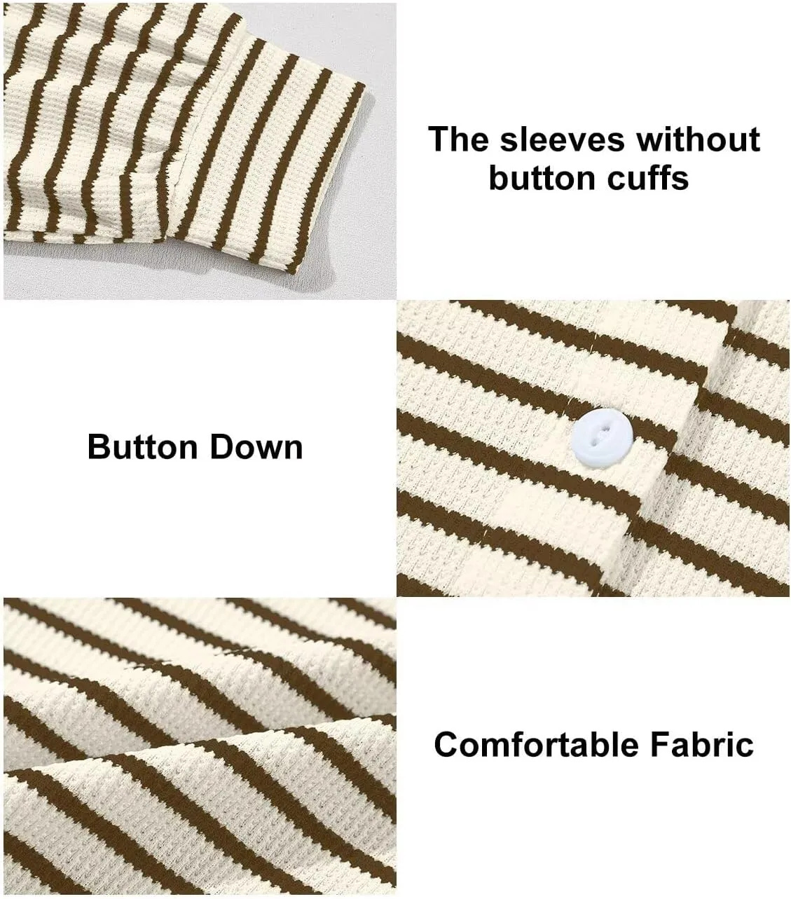 Astylish Women's 2025 Cute Striped Waffle Oversized Stretchy Long Sleeve Shirts Soft Collared V Neck Button Up Blouses Tops