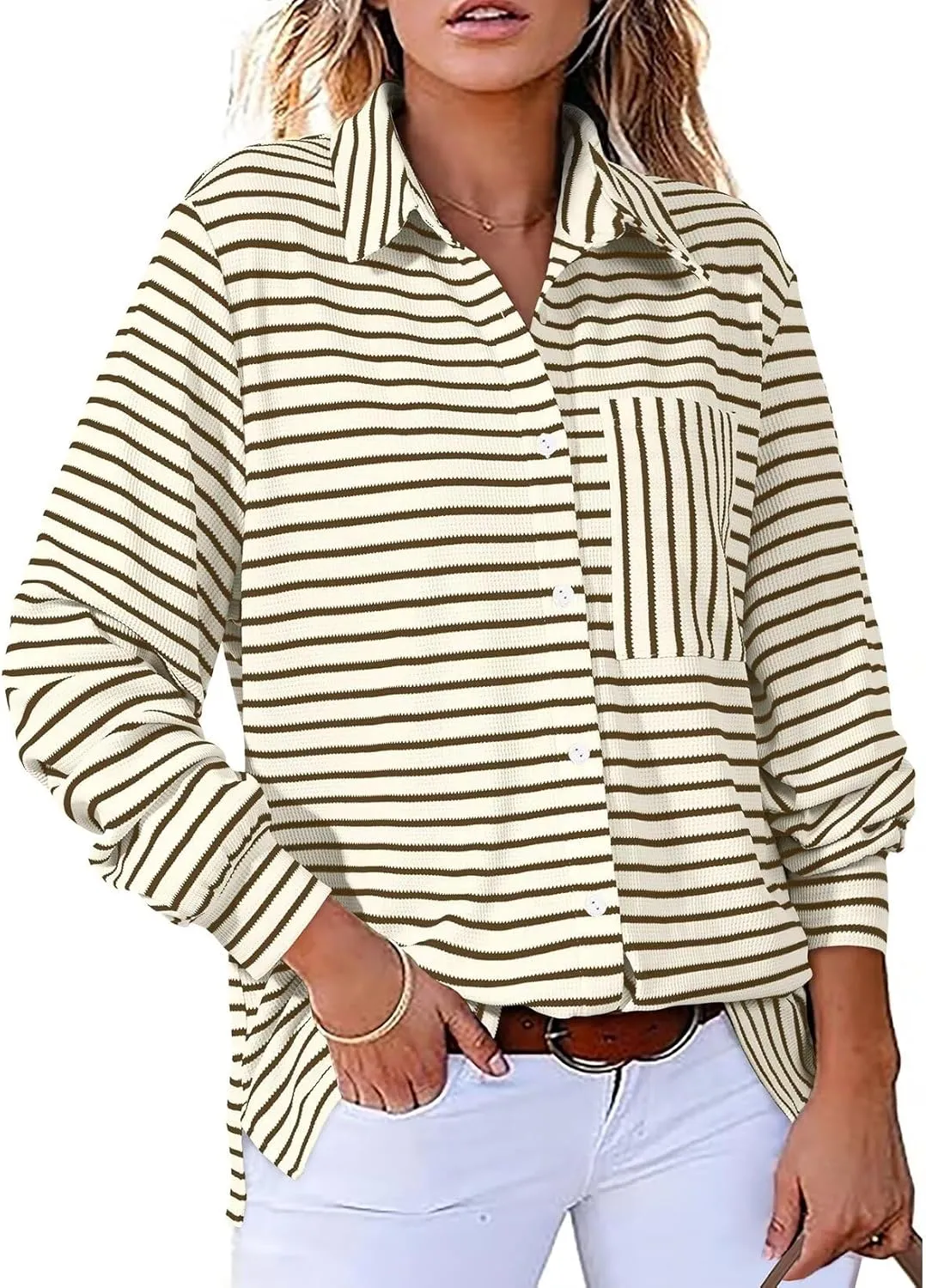 Astylish Women's 2025 Cute Striped Waffle Oversized Stretchy Long Sleeve Shirts Soft Collared V Neck Button Up Blouses Tops