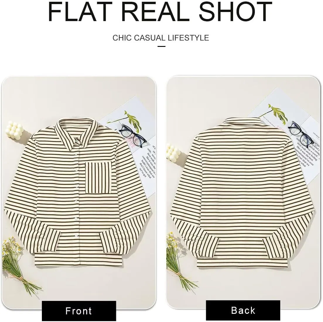 Astylish Women's 2025 Cute Striped Waffle Oversized Stretchy Long Sleeve Shirts Soft Collared V Neck Button Up Blouses Tops