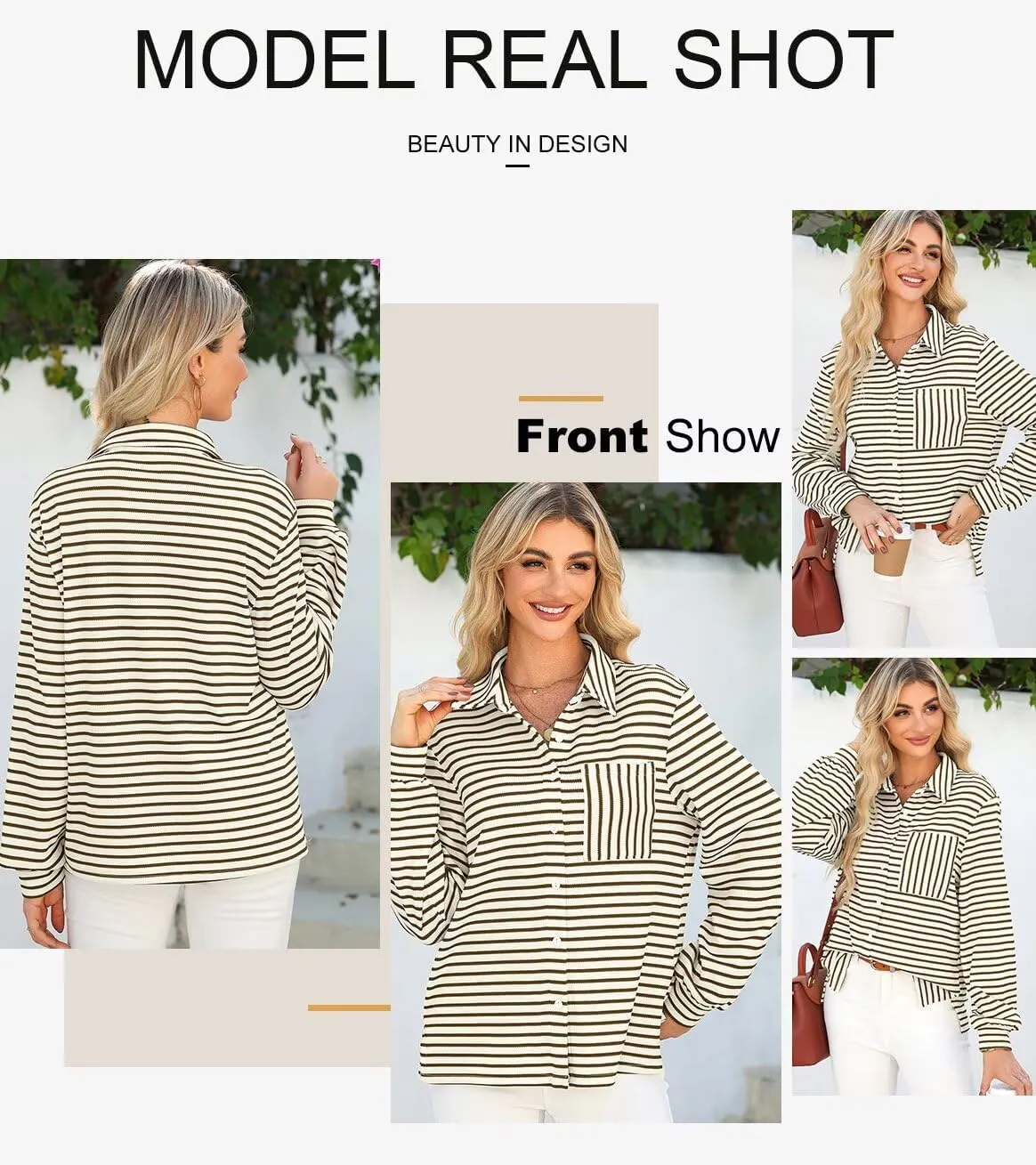 Astylish Women's 2025 Cute Striped Waffle Oversized Stretchy Long Sleeve Shirts Soft Collared V Neck Button Up Blouses Tops
