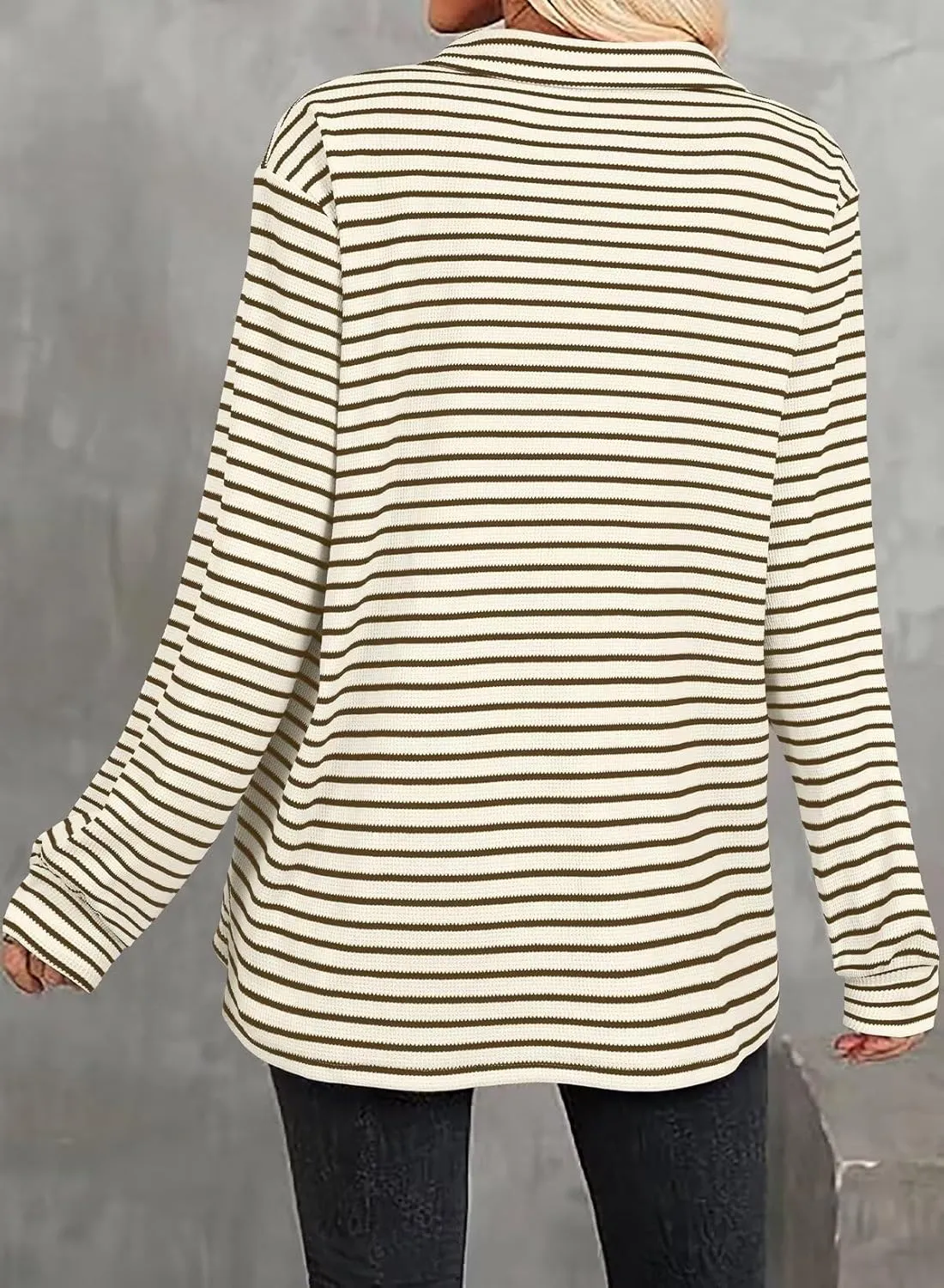 Astylish Women's 2025 Cute Striped Waffle Oversized Stretchy Long Sleeve Shirts Soft Collared V Neck Button Up Blouses Tops