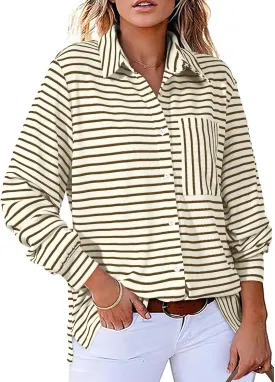 Astylish Women's 2025 Cute Striped Waffle Oversized Stretchy Long Sleeve Shirts Soft Collared V Neck Button Up Blouses Tops
