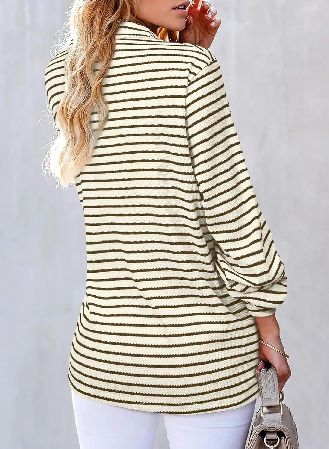 Astylish Women's 2025 Cute Striped Waffle Oversized Stretchy Long Sleeve Shirts Soft Collared V Neck Button Up Blouses Tops