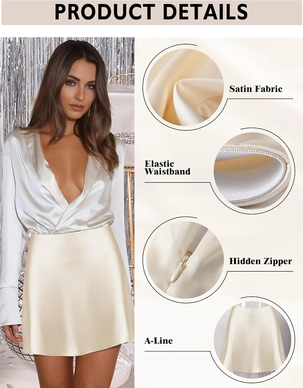 AURUZA Mini Satin Skirts for Women Trendy, High Waisted Womens Short Skirts, Elegant Zipper Flared Elastic A-line Silk Skirts