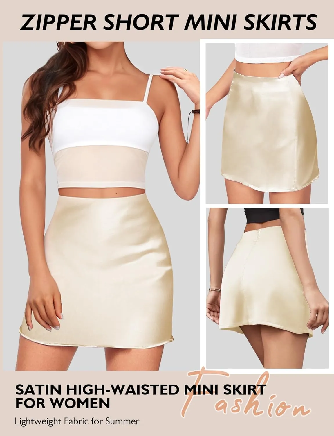 AURUZA Mini Satin Skirts for Women Trendy, High Waisted Womens Short Skirts, Elegant Zipper Flared Elastic A-line Silk Skirts