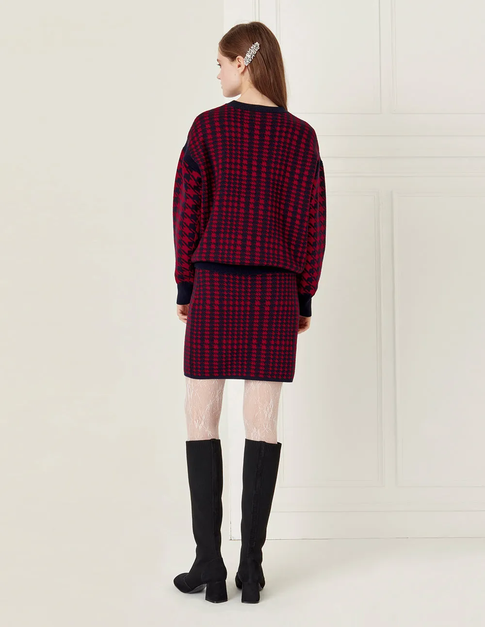 BORA AKSU Red And Black Houndstooth Wool Knitted Skirt