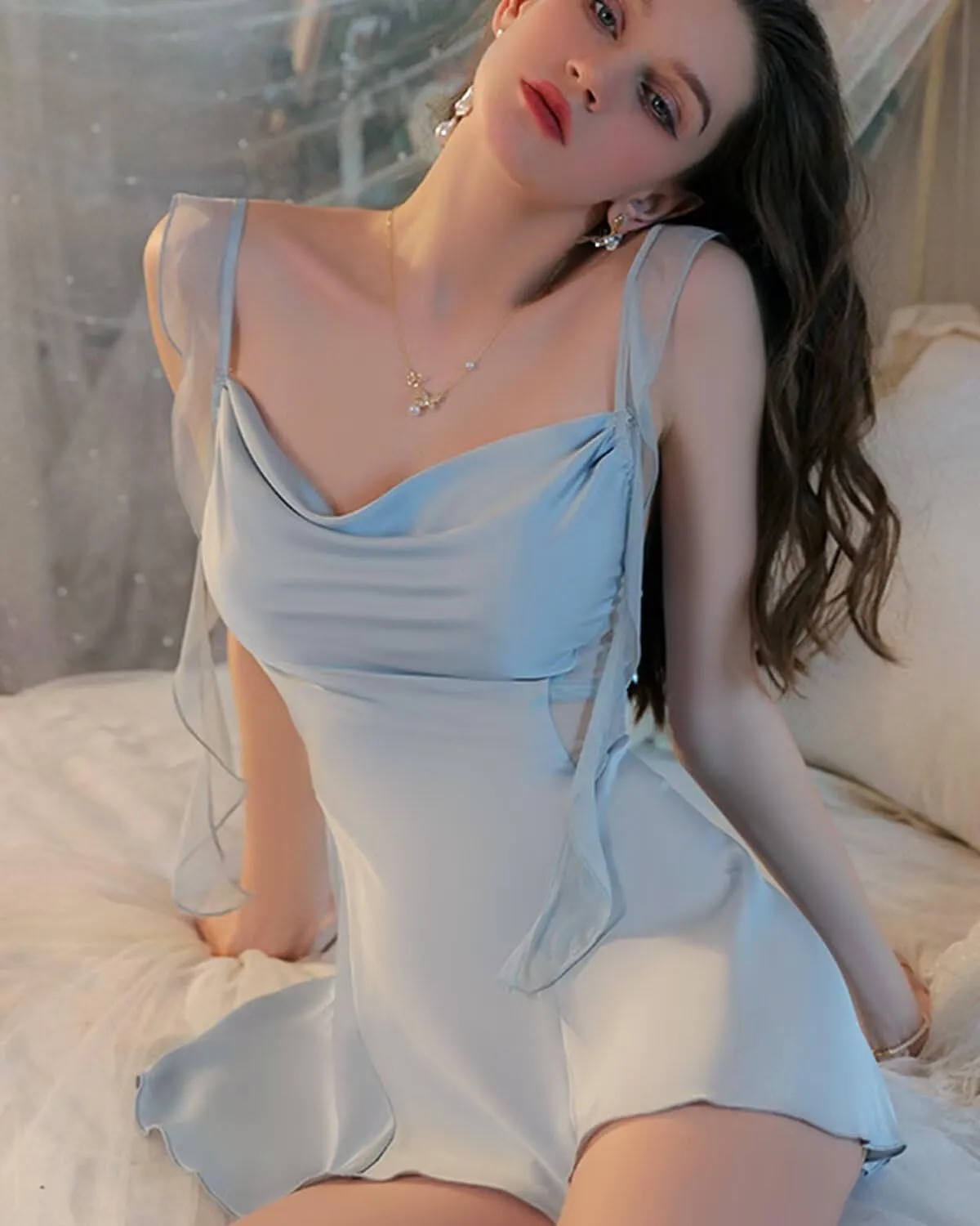 Brosloth Womens Silk Nightgown Summer Satin Sexy Night Gowns Cowl Neck Short Mesh Strappy Lingerie