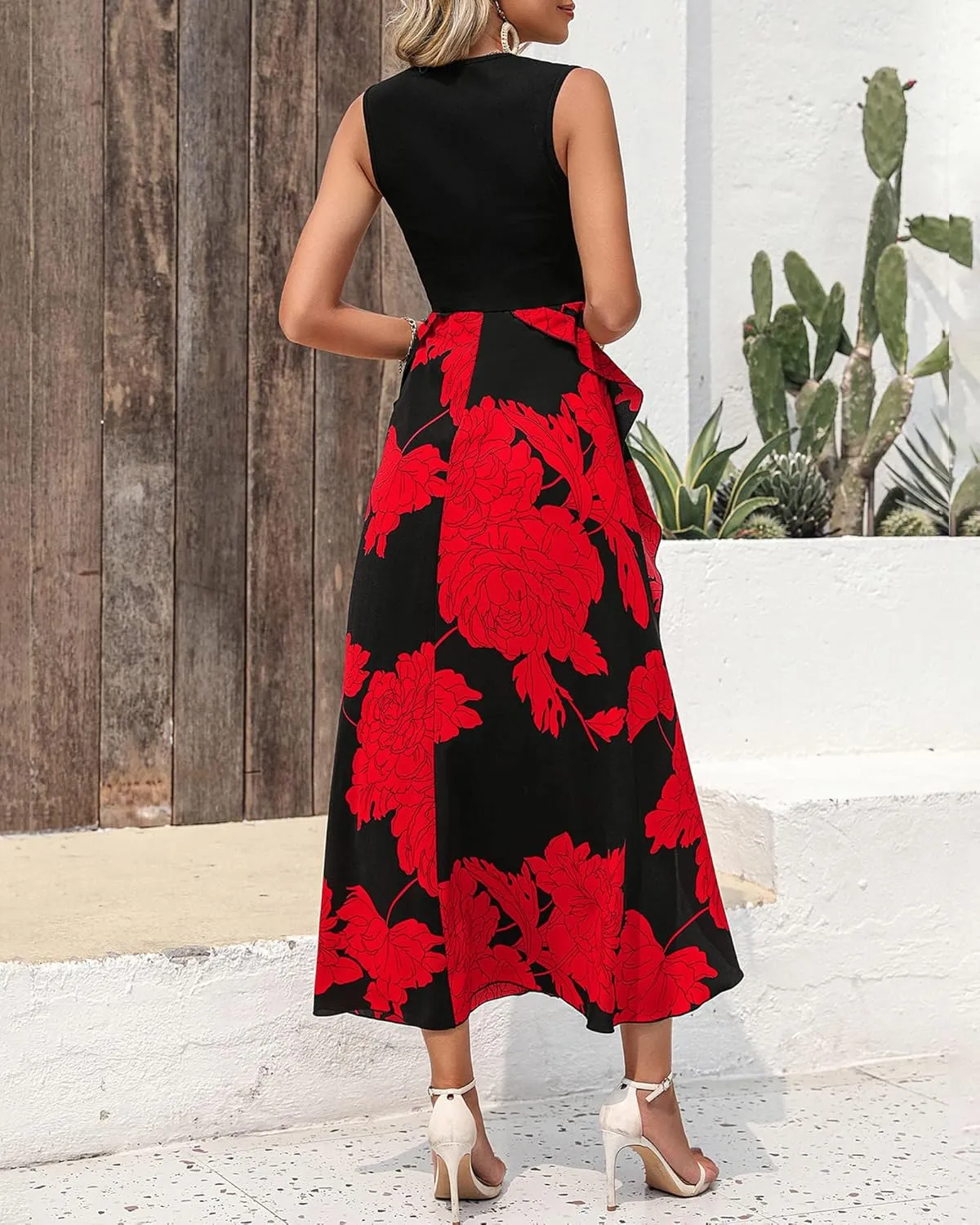 BTFBM Women Casual Sleeveless Summer Dresses 2025 Spring Crewneck Patchwork Boho Floral Ruffle Cocktail Party Midi Dress
