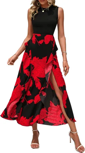 BTFBM Women Casual Sleeveless Summer Dresses 2025 Spring Crewneck Patchwork Boho Floral Ruffle Cocktail Party Midi Dress