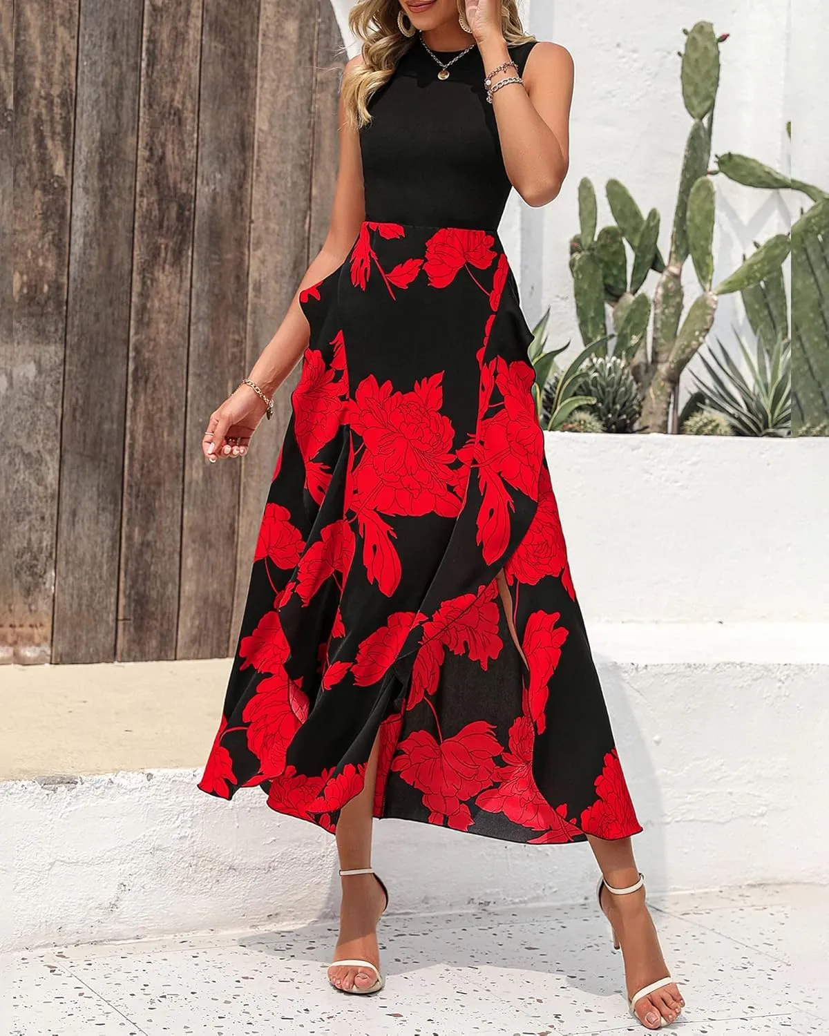 BTFBM Women Casual Sleeveless Summer Dresses 2025 Spring Crewneck Patchwork Boho Floral Ruffle Cocktail Party Midi Dress