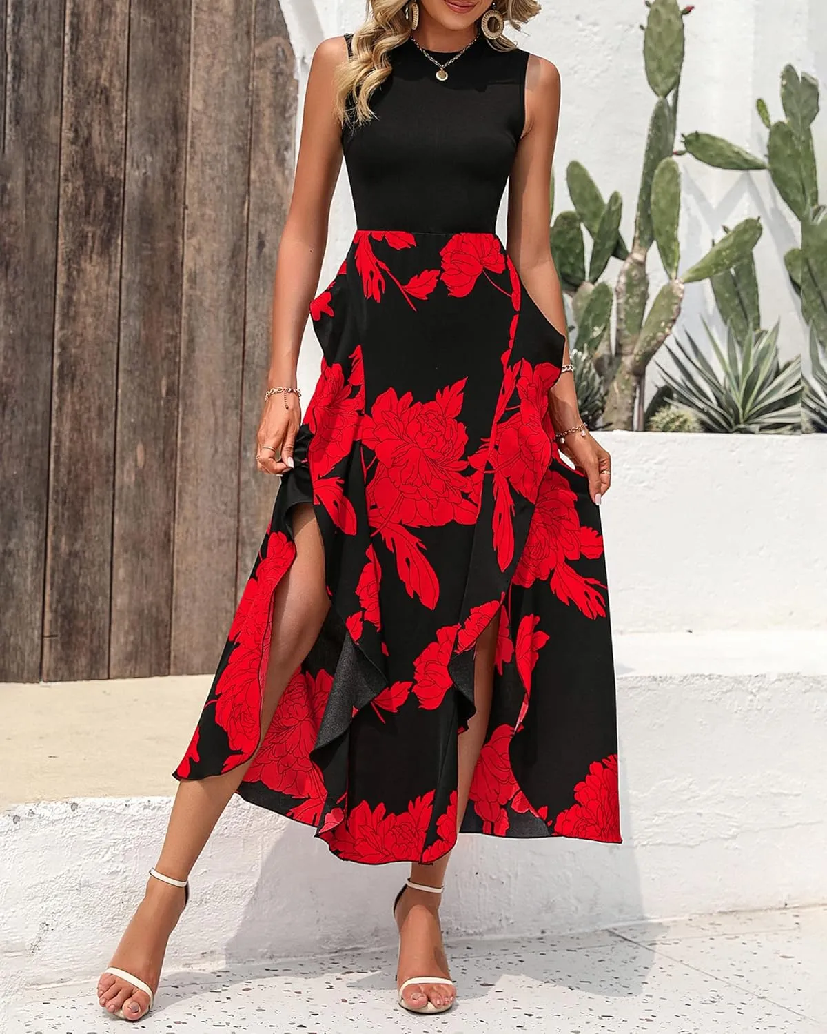 BTFBM Women Casual Sleeveless Summer Dresses 2025 Spring Crewneck Patchwork Boho Floral Ruffle Cocktail Party Midi Dress