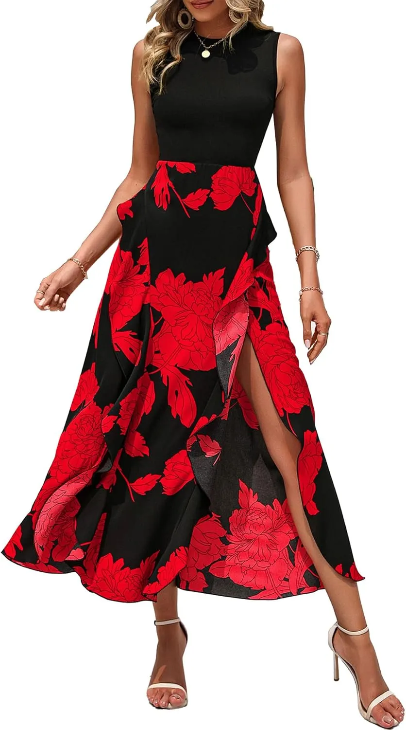 BTFBM Women Casual Sleeveless Summer Dresses 2025 Spring Crewneck Patchwork Boho Floral Ruffle Cocktail Party Midi Dress