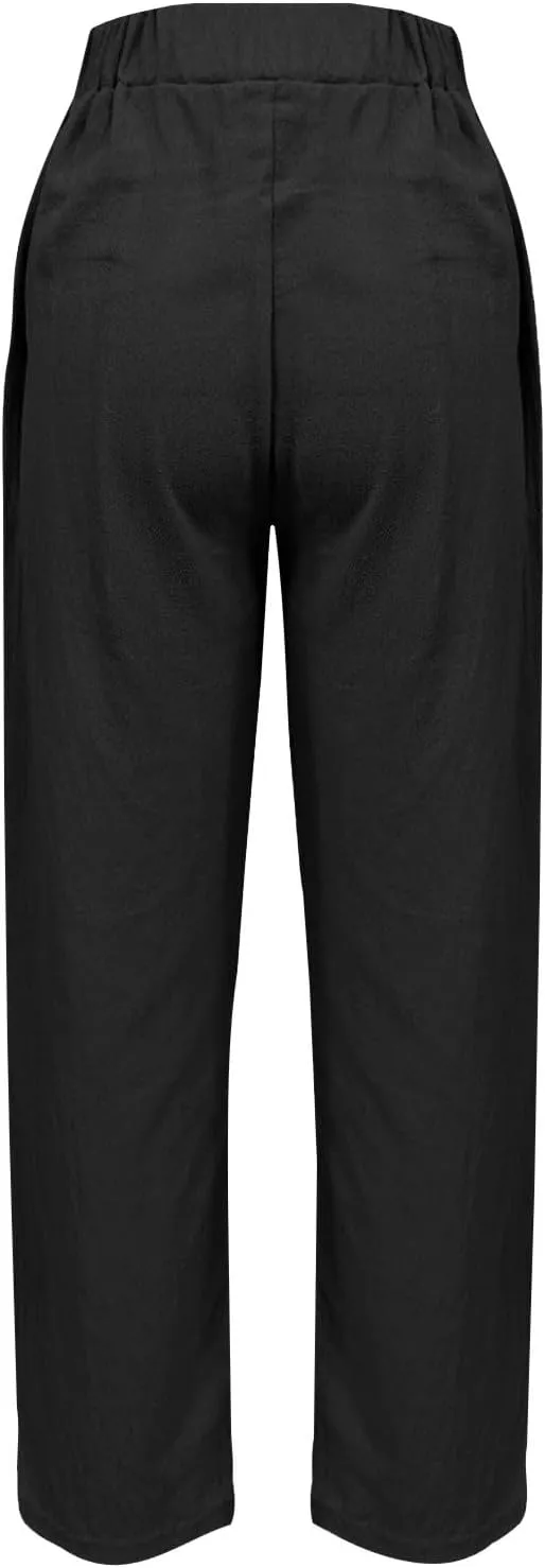 Cotton Linen Pants for Women Summer Wide Leg Elastic Straight Leg Lounge Pant Drawstring Lightweight Beach Trousers
