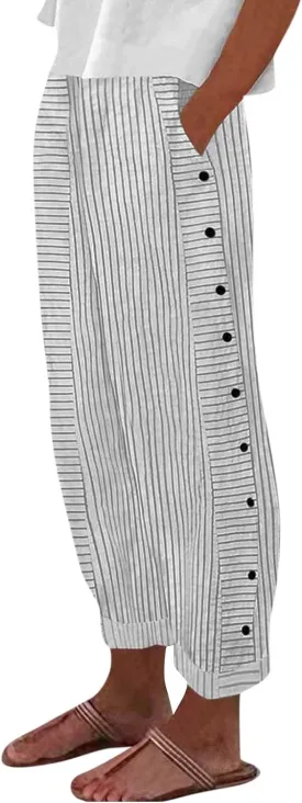 Cotton Linen Pants for Women Summer Wide Leg Elastic Straight Leg Lounge Pant Drawstring Lightweight Beach Trousers