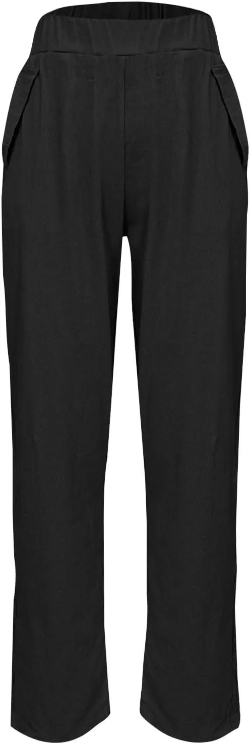 Cotton Linen Pants for Women Summer Wide Leg Elastic Straight Leg Lounge Pant Drawstring Lightweight Beach Trousers