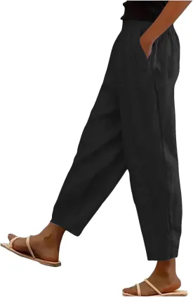 Cotton Linen Pants for Women Summer Wide Leg Elastic Straight Leg Lounge Pant Drawstring Lightweight Beach Trousers