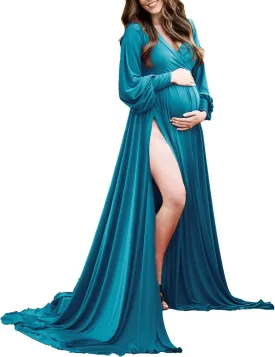 Dedysler Maternity Gowns Long Sleeves Baby Shower Dress for Photoshoot Wrap Split Sweetheart Maxi Photography