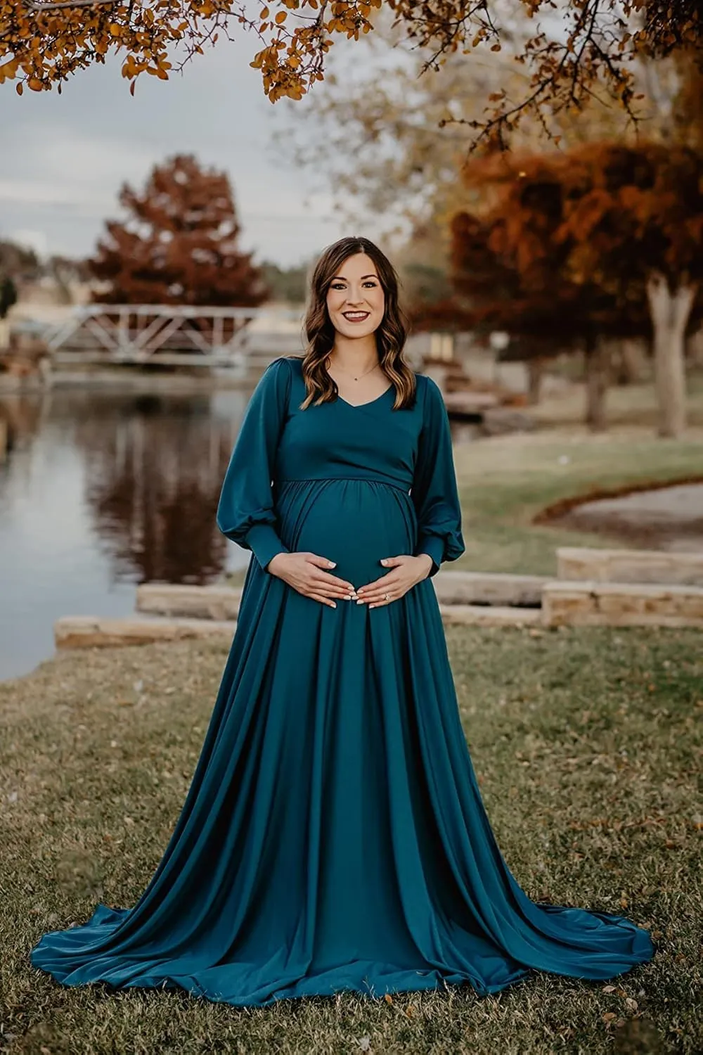Dedysler Maternity Gowns Long Sleeves Baby Shower Dress for Photoshoot Wrap Split Sweetheart Maxi Photography