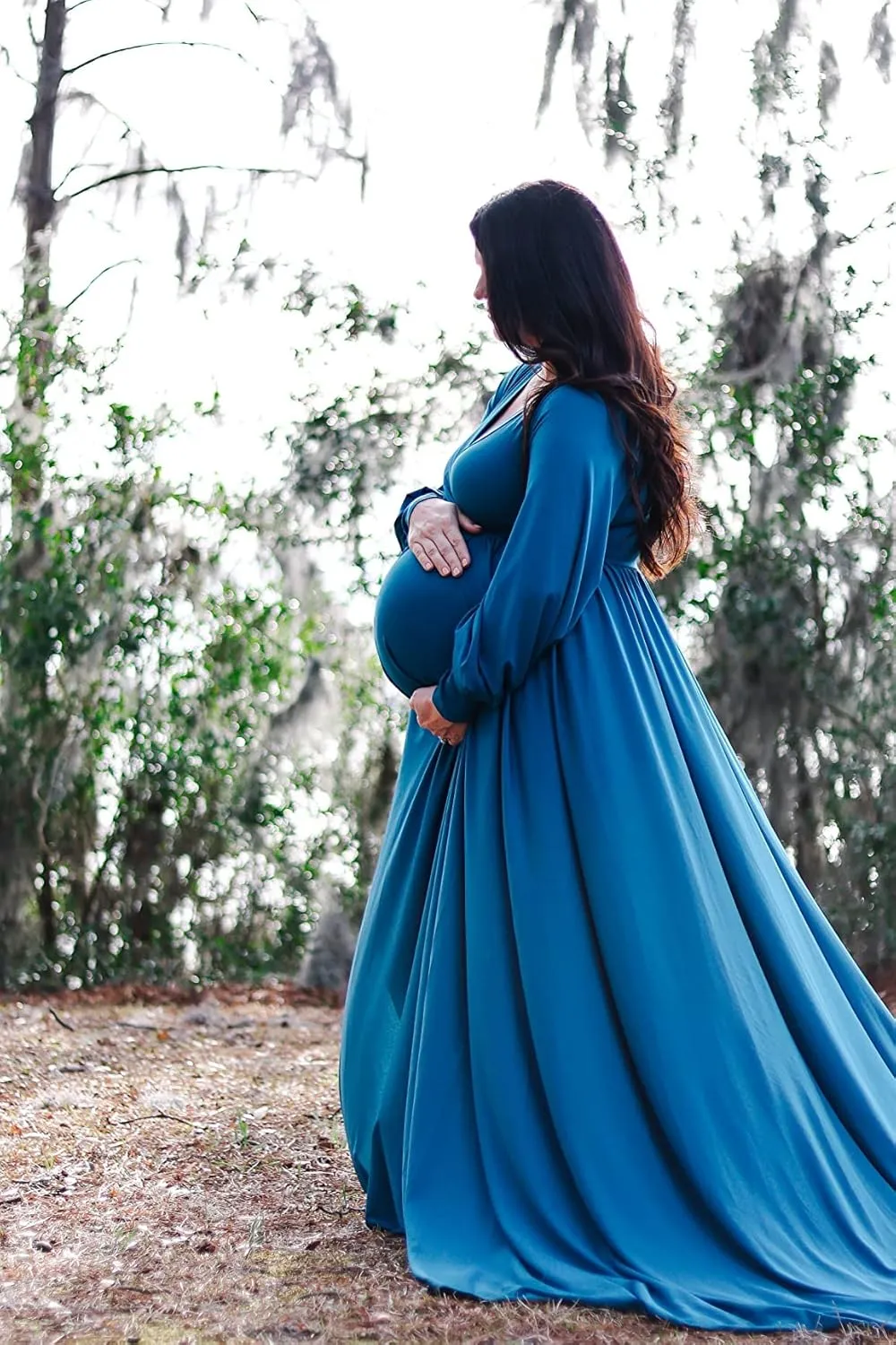 Dedysler Maternity Gowns Long Sleeves Baby Shower Dress for Photoshoot Wrap Split Sweetheart Maxi Photography