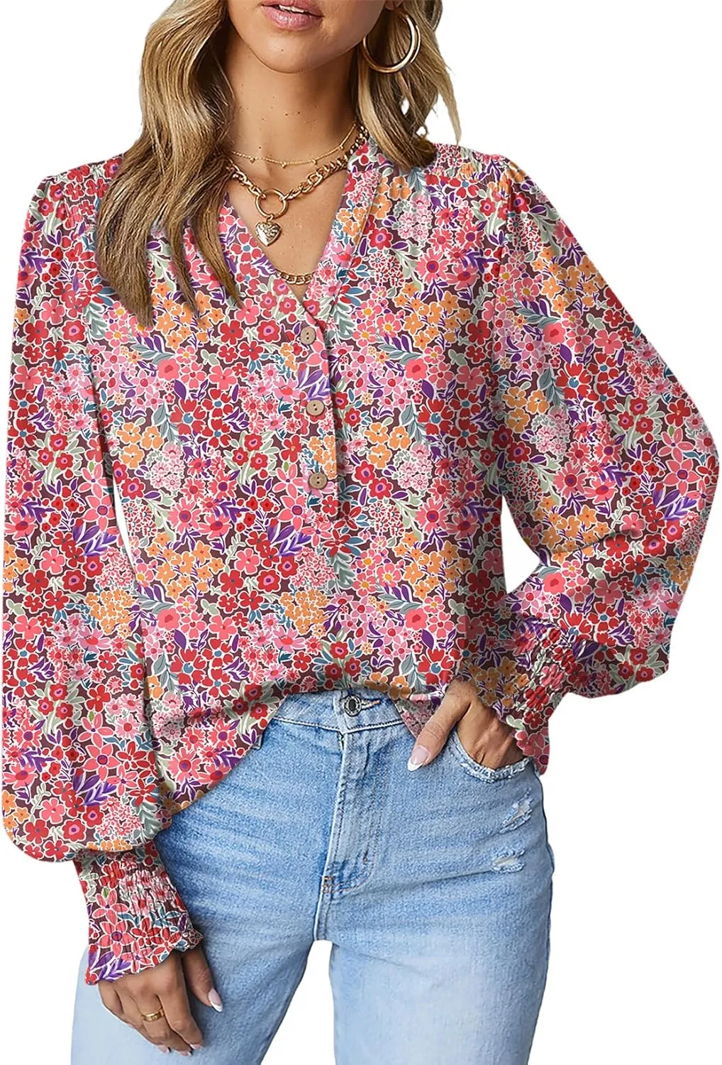 Dokotoo Women's Casual V Neck Easel Floral Print Long Sleeve Blouses Smocked Button Down Shirts Bohemian Top