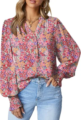 Dokotoo Women's Casual V Neck Easel Floral Print Long Sleeve Blouses Smocked Button Down Shirts Bohemian Top
