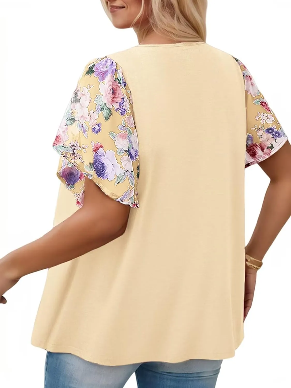 DOLNINE Women's Plus Size Tops Casual Summer Boho Floral Tunics Ruffle Sleeve Crewneck Loose Blouses Shirts