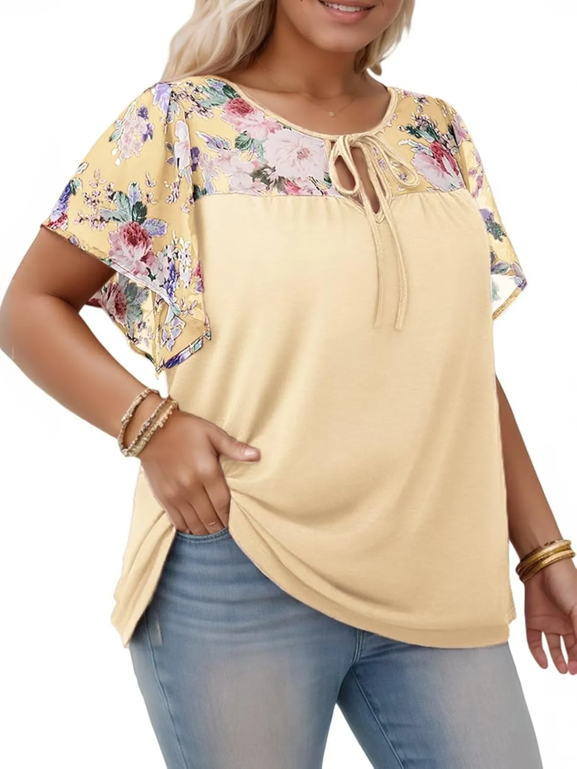 DOLNINE Women's Plus Size Tops Casual Summer Boho Floral Tunics Ruffle Sleeve Crewneck Loose Blouses Shirts