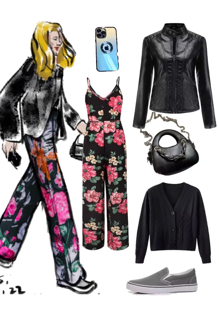 Elegant Spaghetti Strap Wide Leg Flower Print Wide Leg  Jumpsuit Female