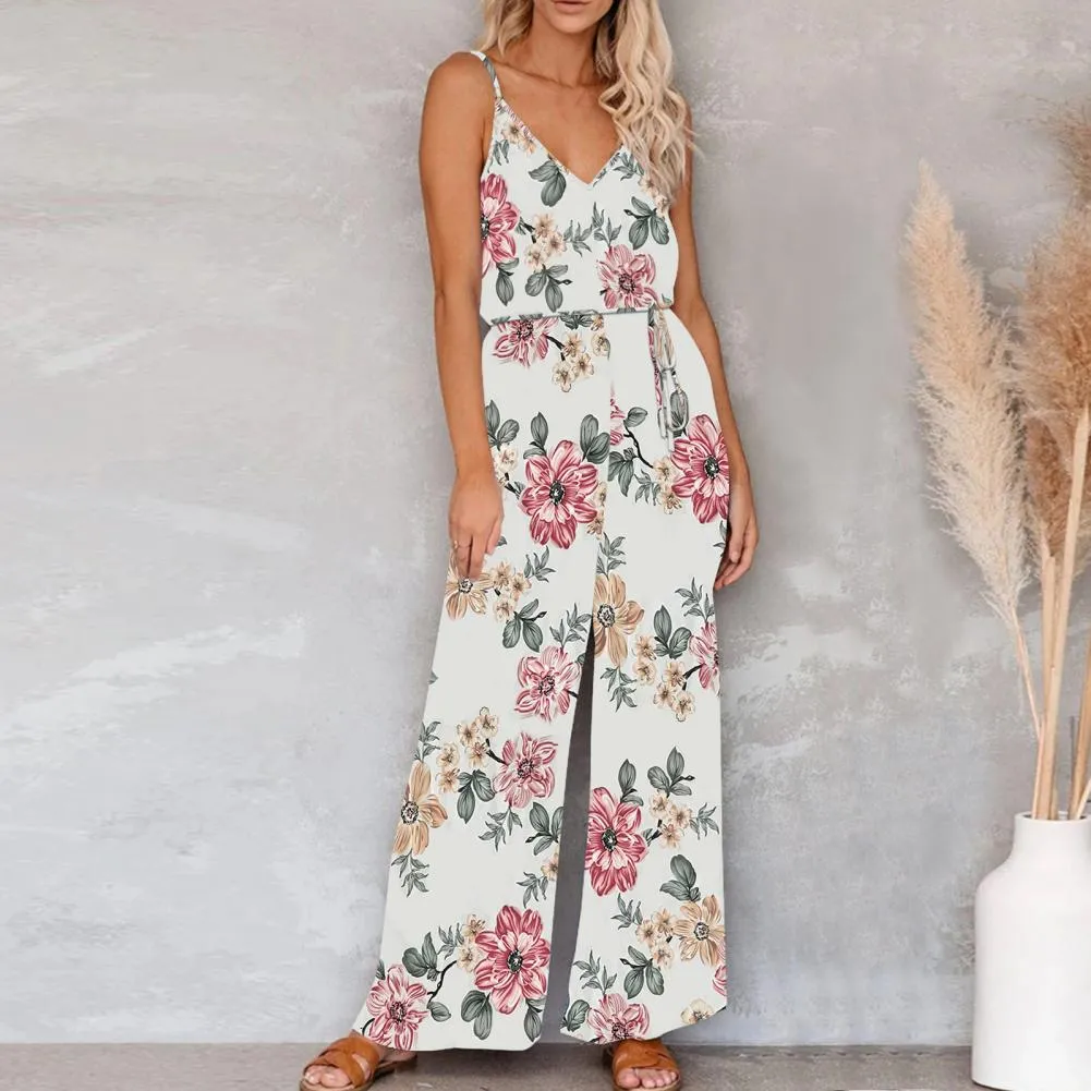 Elegant Spaghetti Strap Wide Leg Flower Print Wide Leg  Jumpsuit Female