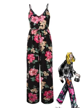 Elegant Spaghetti Strap Wide Leg Flower Print Wide Leg  Jumpsuit Female