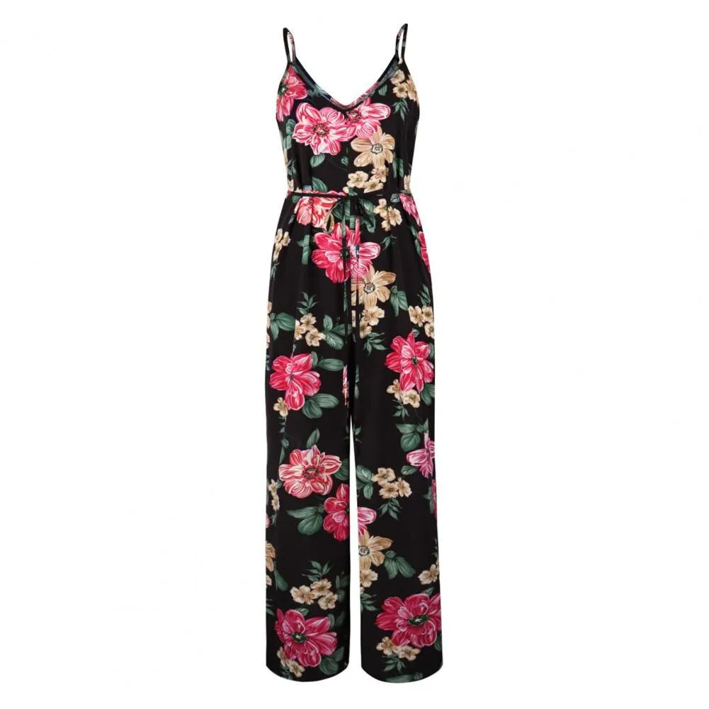 Elegant Spaghetti Strap Wide Leg Flower Print Wide Leg  Jumpsuit Female
