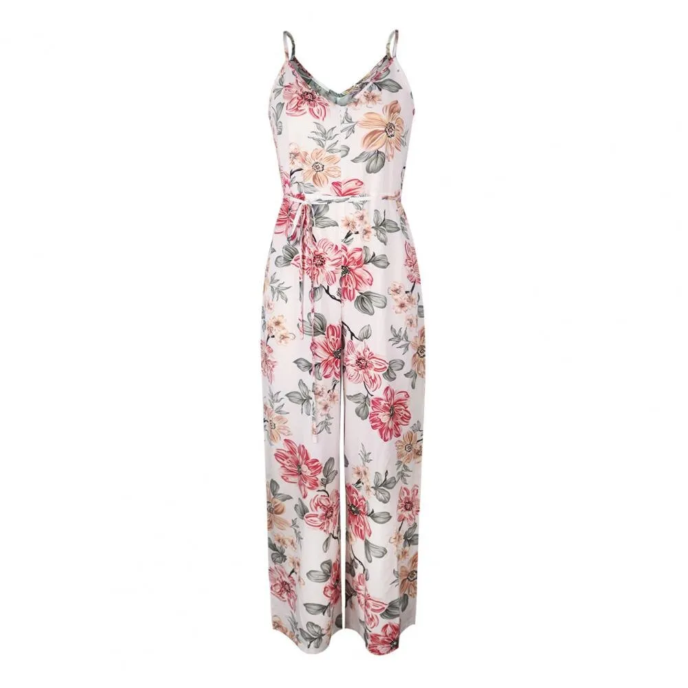 Elegant Spaghetti Strap Wide Leg Flower Print Wide Leg  Jumpsuit Female