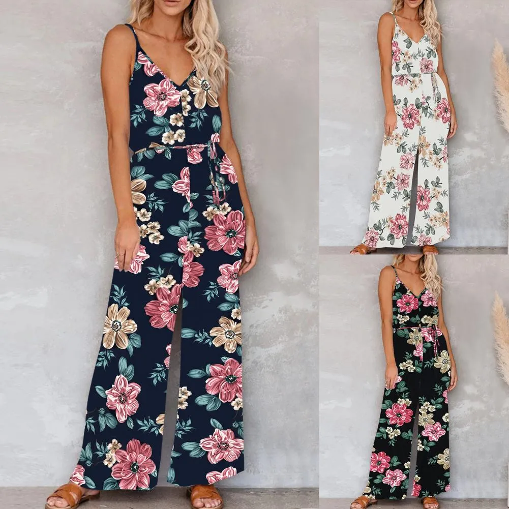 Elegant Spaghetti Strap Wide Leg Flower Print Wide Leg  Jumpsuit Female