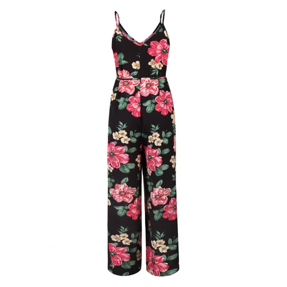 Elegant Spaghetti Strap Wide Leg Flower Print Wide Leg  Jumpsuit Female