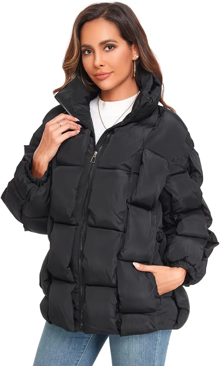 Epsion Womens Winter Casual Puffer Jacket Padded Long Sleeve Full Zipper Stand Collar Pockets Quilted Coats Outwear