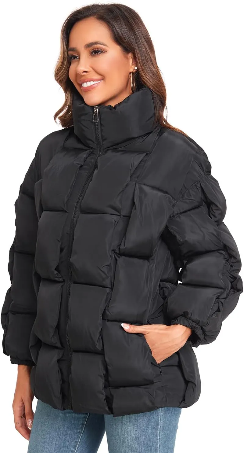 Epsion Womens Winter Casual Puffer Jacket Padded Long Sleeve Full Zipper Stand Collar Pockets Quilted Coats Outwear