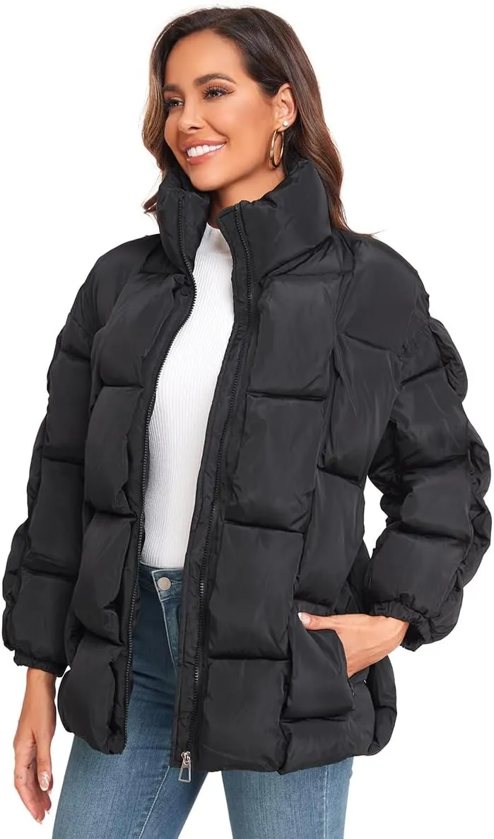 Epsion Womens Winter Casual Puffer Jacket Padded Long Sleeve Full Zipper Stand Collar Pockets Quilted Coats Outwear
