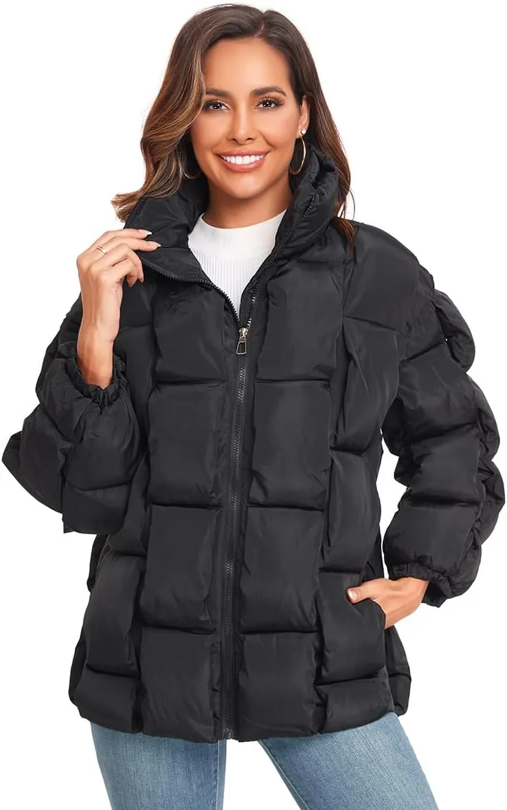 Epsion Womens Winter Casual Puffer Jacket Padded Long Sleeve Full Zipper Stand Collar Pockets Quilted Coats Outwear