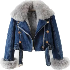 Faux Fur Coat Women Winter Denim Jacket Thickened Rabbit Fur Lined Jean Jackets Shaggy Removable Cropped Top Soft Coat