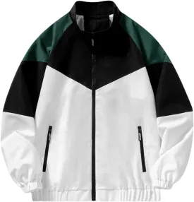Finelylove Mens Casual Bomber Jacket Lightweight Zip Up Stand Collar Varsity Jacket Fashion Color Block Windbreaker