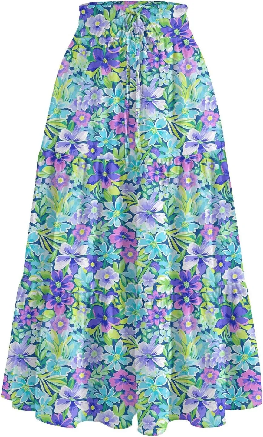 Floral Midi Skirts for Women Summer Tiered Drawstring High Waist Mid Calf Skirts Pleated A-Line Boho Skirt with Pocket