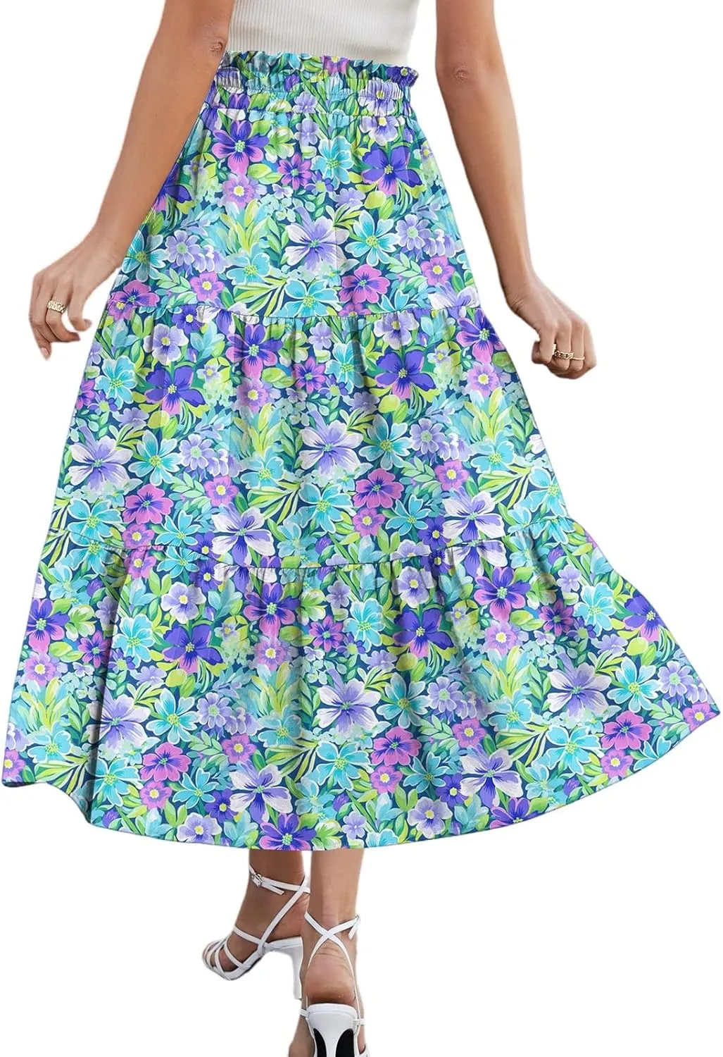 Floral Midi Skirts for Women Summer Tiered Drawstring High Waist Mid Calf Skirts Pleated A-Line Boho Skirt with Pocket