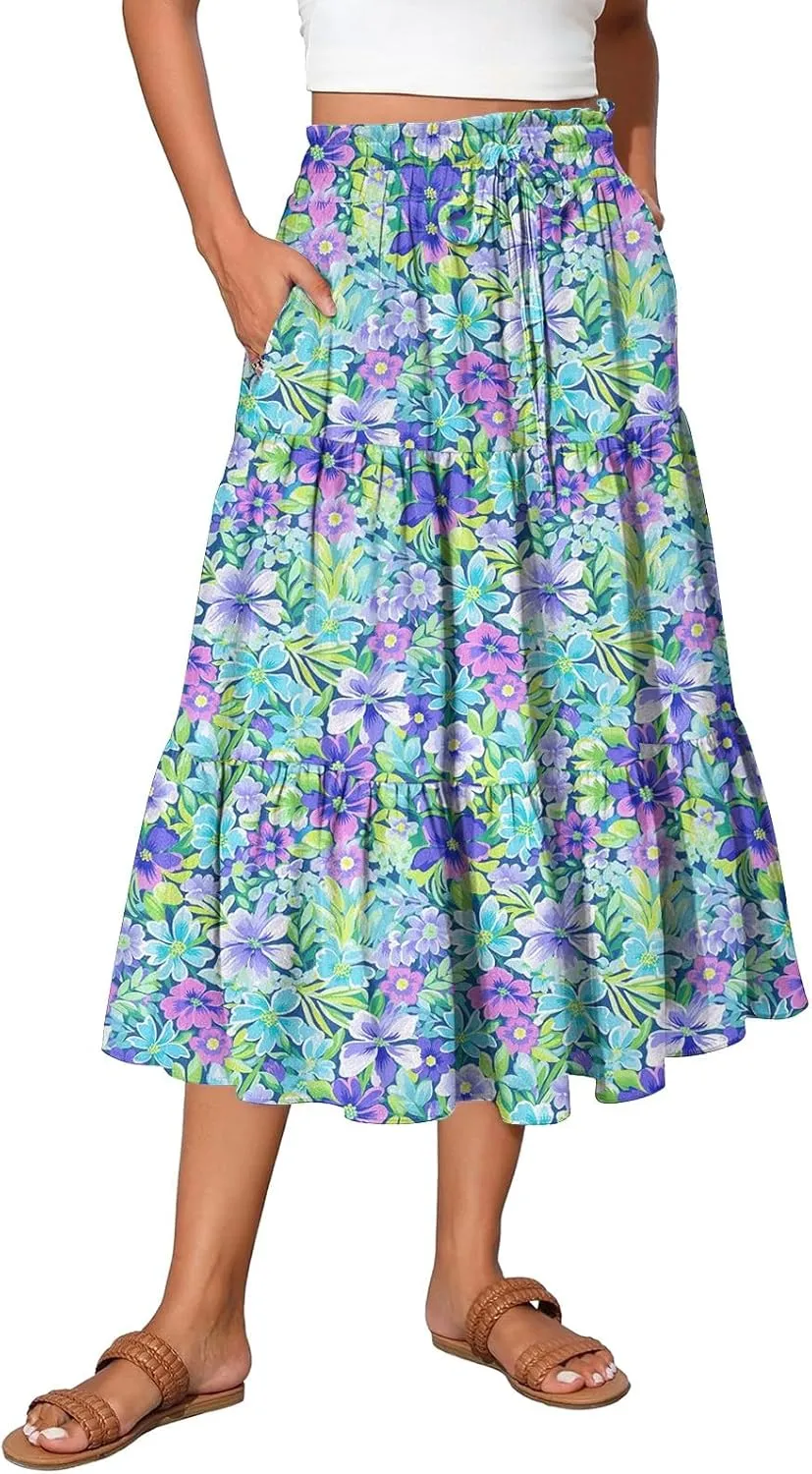 Floral Midi Skirts for Women Summer Tiered Drawstring High Waist Mid Calf Skirts Pleated A-Line Boho Skirt with Pocket